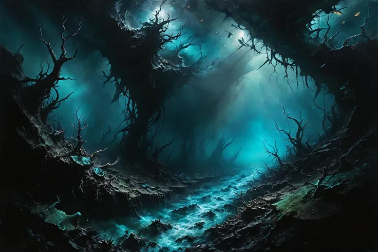 photorealistic, detailed digital illustration of a A deep-sea trench illuminated by the bioluminescence of strange, alien creatures, their ethereal glows revealing the hidden depths of the abyss  <lora:EnvyBrokenRealityXL01:1.1>, <lora:bl4ckl1ghtxl:0.7> bl4ckl1ghtxl, <lora:Desolation:0.7>