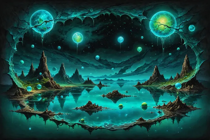 photorealistic, detailed digital illustration of a A bioluminescent lagoon, where the water's surface is adorned with floating, glowing orbs that emit an otherworldly glow beneath the moonlit sea  <lora:EnvyBrokenRealityXL01:1.1>, <lora:Neon_Style_XL:0.7>, <lora:ParchartXL-1.5:0.7> on parchment, ink illustration