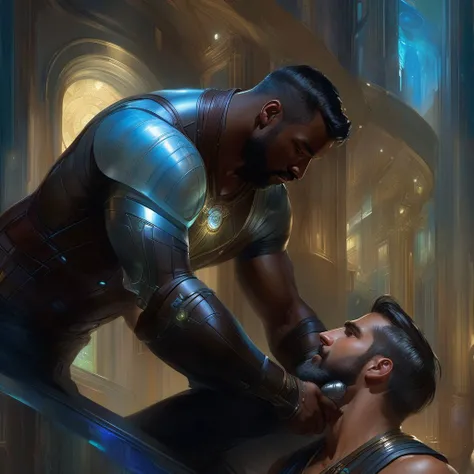 futuristic epic fantasy, science fiction, high-tech, legendary, dynamic, romantic, whimsical, magical, mythical.
a homoerotic, homoromantic, gay, loving, exciting, steamy, magnificent, amazing, sexy, intense, dramatic masterpiece (by Daniel F Gerhartz|Gaston Bussiere|Maximilian Pirner:1.9) of R and M.
M and R are both in their early 30s, extremely attractive, virile, powerful, masculine, hairy, strong, desirable, hunky, and manly men. M and R are wearing futuristic clothing resembling Robin Hood.
R is a short, dark-brown-skinned, muscular, iraqi man, with very short hair, and a perfect beard. He is shorter than M.
M is a tall, dark-tan-skinned, athletic, mexican protector, with very short hair, and a short beard. He is taller than R.
The setting is in a bedroom, late at night. dynamic, interactive poses.
The overall mood is provocative, passionate, expressive, sensual, magical, and visceral, evocative of gay romance, gravitas, and love.
extremely detailed, romantic lighting, romantic mood, romantic atmospheric, shadowplay, vignette.