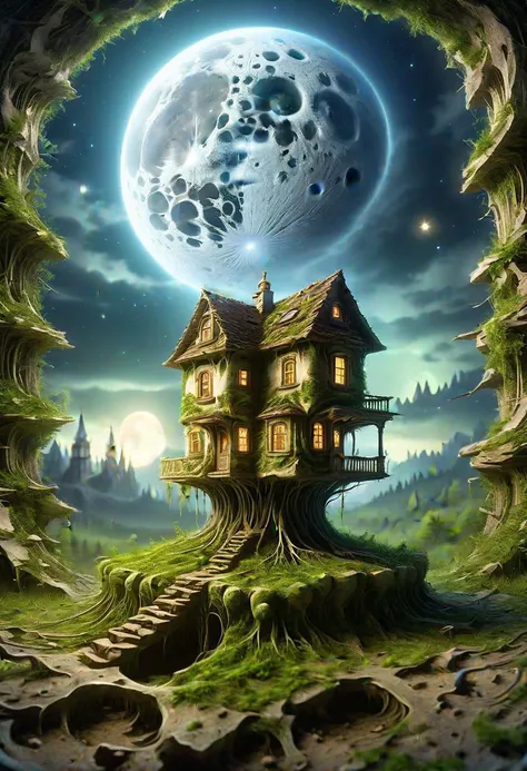 Ultra realistic, RTX, ray tracing, amazing quality, masterpiece, best quality, hyper detailed, ultra detailed, UHD, depth of field, Russian village house on pillars stands in the middle of a forest edge, night, the moon is shining brightly, tower