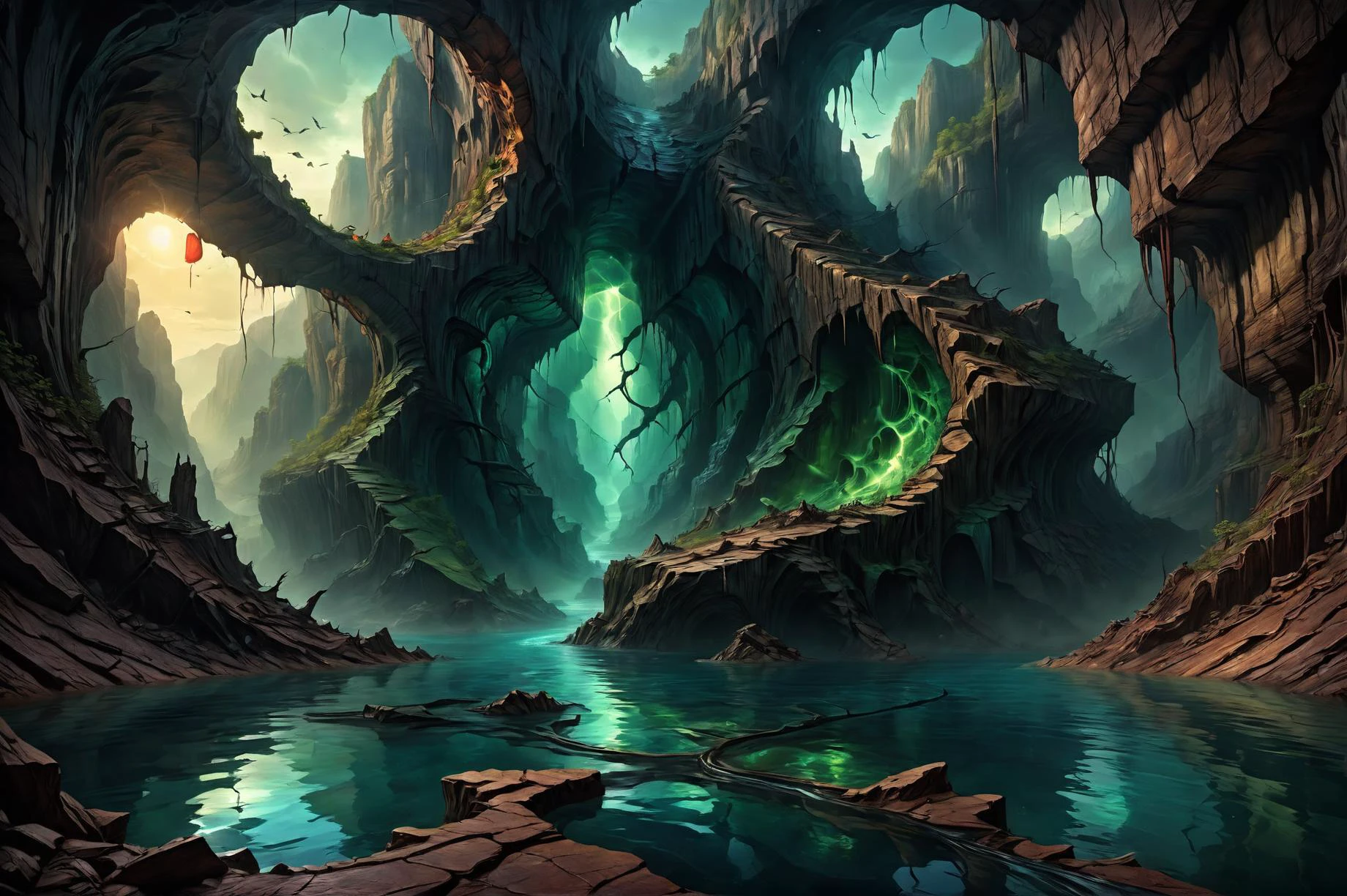 photorealistic, detailed digital illustration of a An abyssal canyon where colossal, transparent serpentine creatures glide through the shadows, their illuminated internal organs creating an eerie spectacl <lora:EnvyBrokenRealityXL01:1.1>, <lora:Dreamyvibes artstyle SDXL - Trigger with dreamyvibes artstyle:0.7> Dreamyvibes Artstyle, <lora:EldritchComicsXL:0.7>