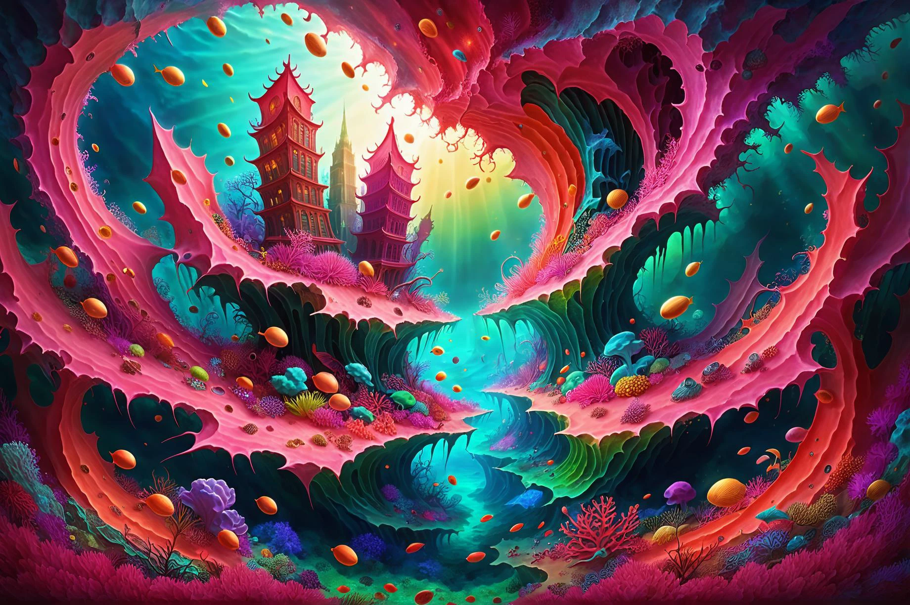 photorealistic, detailed digital illustration of a A vibrant coral reef city with twisting spires and luminescent towers, casting a colorful glow that dances on the sandy ocean floor belo <lora:EnvyBrokenRealityXL01:1.1>, <lora:EnvyFeverDreamXL01a:0.7>, <lora:Dreamyvibes artstyle SDXL - Trigger with dreamyvibes artstyle:0.7> Dreamyvibes Artstyle