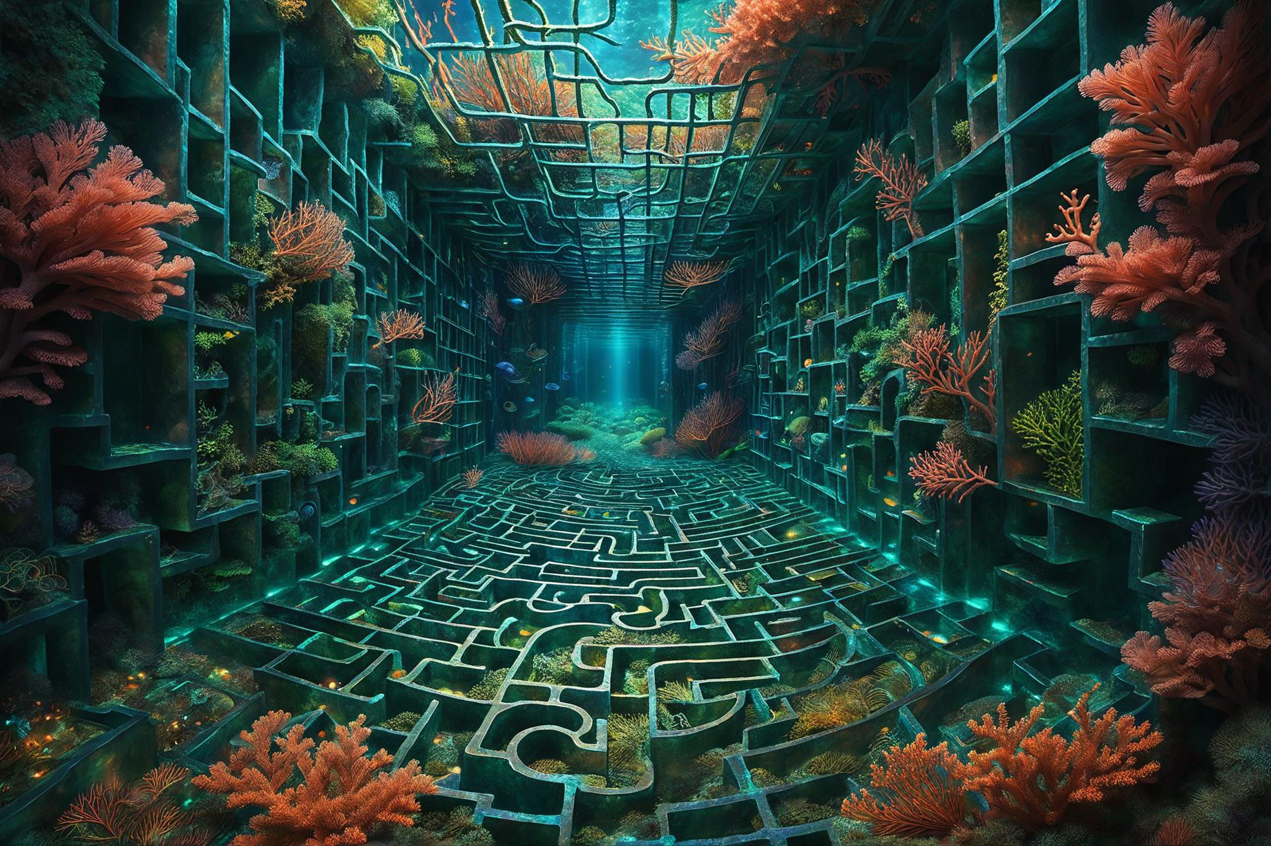 photorealistic, detailed digital illustration of a A coral labyrinth with iridescent walls, home to elusive sea creatures that navigate the maze with grace, leaving trails of glowing bio trails intheir wake <lora:EnvyBrokenRealityXL01:1.1>, <lora:PE_NeonUV Style:0.7> PENeonUV, <lora:d\EnvyLiminalXL01:0.7> liminal