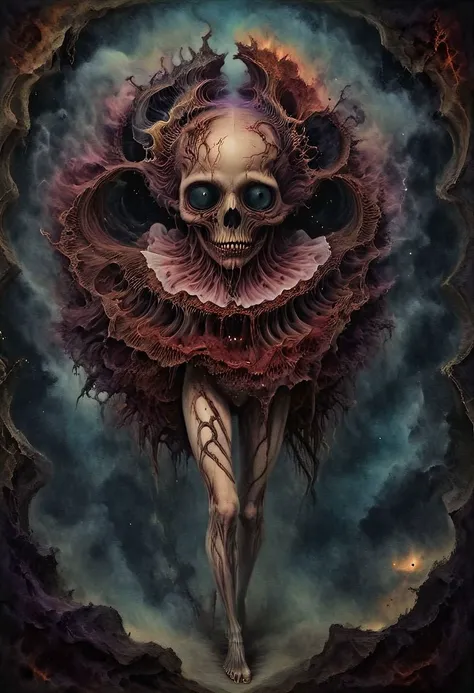 Cosmic horror notepad/face mask lifts skirt.the bottom of the panties is visible .an engraving .The plague is in the background.houses on the bridge of the inevitable void of doom in the world of old disney art, style, best quality, masterpiece, detailed, intricate details