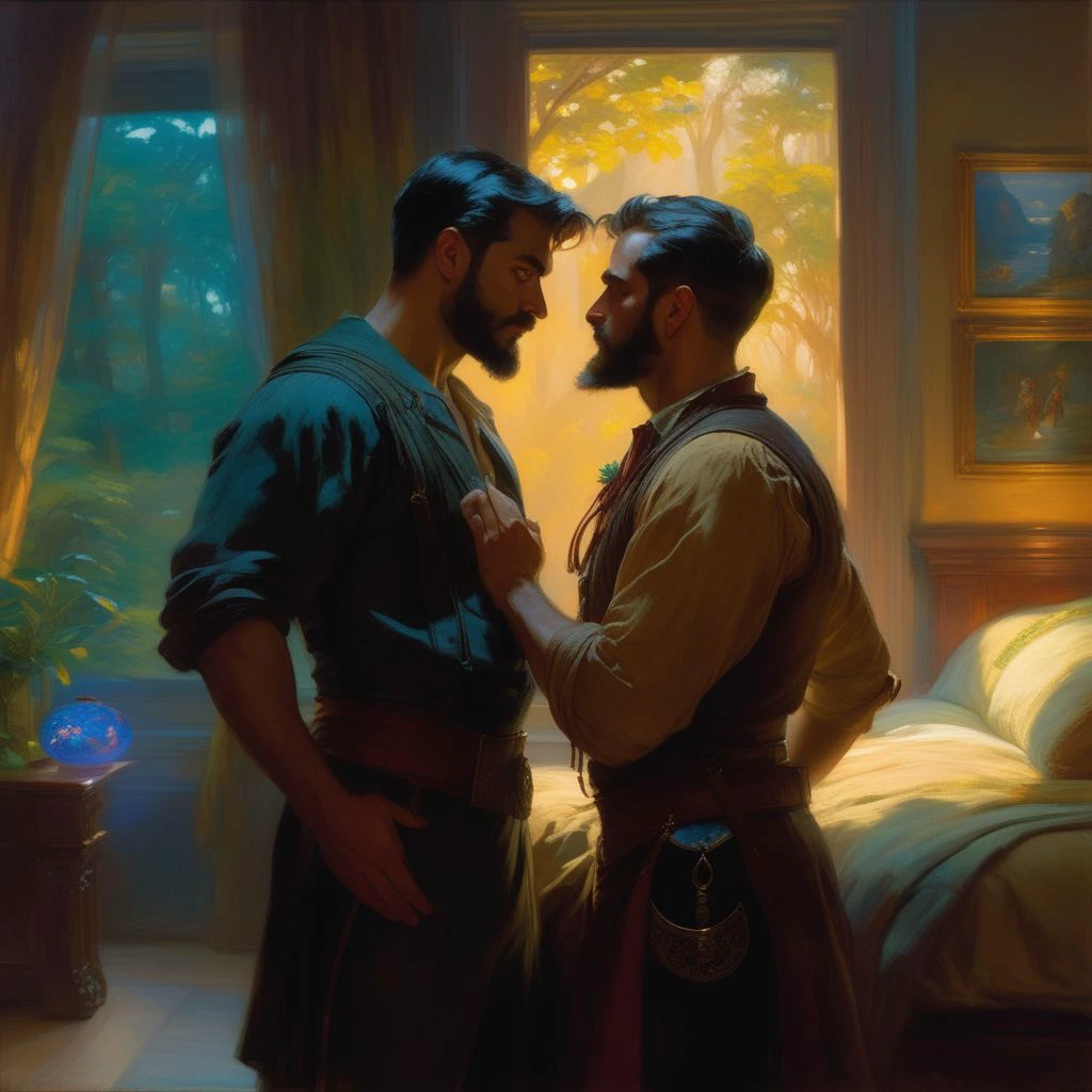 futuristic epic fantasy, science fiction, high-tech, legendary, whimsical, magical, mythical. action shot.
a homoerotic, homoromantic, gay, loving, exciting, steamy, magnificent, amazing, sexy, dramatic masterpiece (by Daniel F Gerhartz|Gaston Bussiere|Maximilian Pirner:1.9) of R and M.
R is a short, dark-brown-skinned, muscular, iranian man with very short hair, and a perfect beard. He is shorter than M.
M is a tall, dark-tan-skinned, athletic, mexican protector with very short hair, and a short beard. He is taller than R.
M and R are both in their early 30s, extremely attractive, virile, powerful, masculine, hairy, strong, desirable, hunky, and manly. M and R are wearing clothing from the distant future resembling Robin Hood.
The setting is indoors, in a bedroom. M and R are hugging each other.
The overall mood is provocative, passionate, expressive, sensual, magical, and visceral, evocative of gay romance, gravitas, and love.
extremely detailed, romantic lighting, romantic mood, romantic atmospheric, shadowplay, vignette.