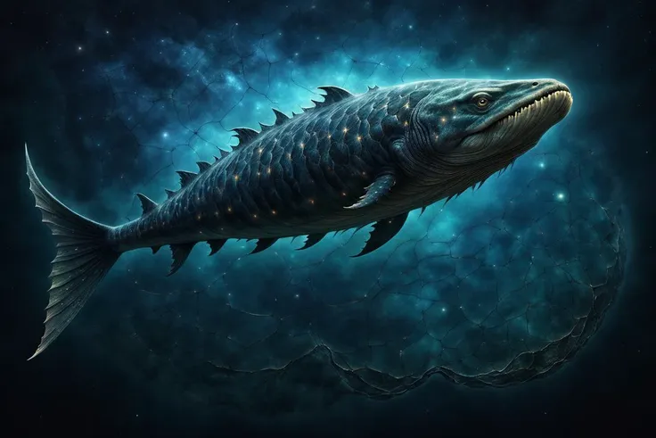 photorealistic, detailed digital illustration of a A colossal, ancient sea creature with scales that mimic the appearance of constellations, creating a celestial map that glows softly in the depths,  <lora:EnvyBrokenRealityXL01:1.1>