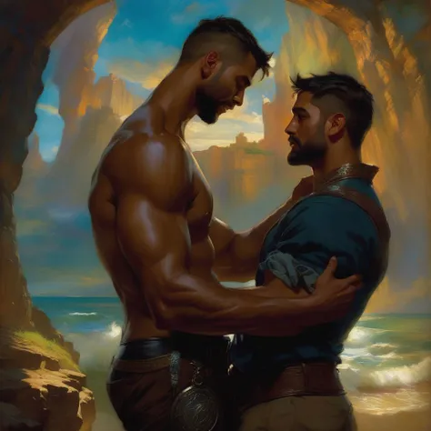 2 men. Photo-realistic. A tall, athletic 22-year-old, Caucasian man, with fade-cut brown hair, stubble, and closed eyes, wearing a black space military uniform, standing behind, arms lovingly wrapped around, and kissing the neck of a handsome 19-year-old, Caucasian man, with short, brown hair, stubble, and closed eyes, wearing a blue and beige loincloth, standing in front of a hearth, in a primitive hut, at night. Sexy, romantic, masculine, big bulge, NSFW.