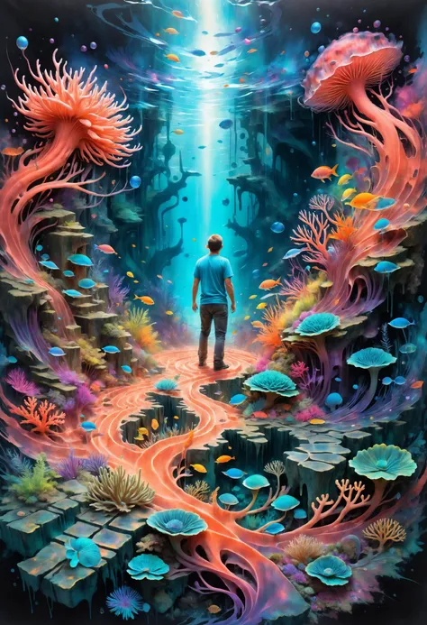 A coral labyrinth with iridescent walls, home to elusive sea creatures that navigate the maze with grace, leaving trails of glowing bio trails in their wake, Psionic healer mending wounds with thoughts in the foreground, <lora:SDXLPaintSplash:0.7> colorsplash, <lora:TShirtDesignRedmondV2-Tshirtdesign-TshirtDesignAF:0.8> TshirtDesignAF, <lora:EnvyBrokenRealityXL01:0.7>, <lora:add-detail-xl:0.4>