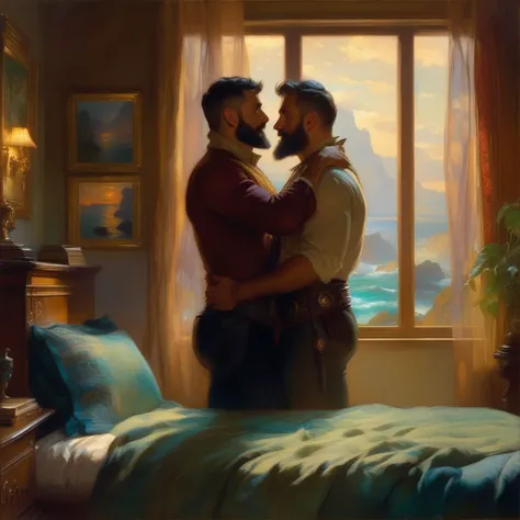 futuristic epic fantasy, science fiction, high-tech, legendary, whimsical, magical, mythical. action shot.
a homoerotic, homoromantic, gay, loving, exciting, steamy, magnificent, amazing, sexy, dramatic masterpiece (by Daniel F Gerhartz|Gaston Bussiere|Maximilian Pirner:1.9) of A and B.
A is a short, dark-brown-skinned, muscular, iranian man with very short hair, and a perfect beard.
B is a tall, dark-tan-skinned, athletic, mexican protector with very short hair, and a short beard.
A and B are both in their early 30s, extremely attractive, virile, powerful, masculine, hairy, strong, desirable, hunky, and manly. A and B are wearing clothing from the distant future resembling Robin Hood.
The setting is indoors, in a bedroom. A and B are hugging one another.
The overall mood is provocative, passionate, expressive, sensual, magical, and visceral, evocative of gay romance, gravitas, and love.
extremely detailed, romantic lighting, romantic mood, romantic atmospheric, shadowplay, vignette.