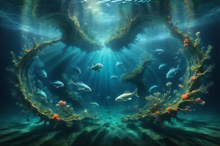 photorealistic, detailed digital illustration of a [An underwater realm with colossal, luminescent sea creatures whose rhythmic movements create a mesmerizing ballet of light and shadow on the ocean foor:A coral city built within the skeletal remains of a colossal sea creature, where chambers and walkways are formed by the creature's once-majestic boes:0.5],  <lora:EnvyBrokenRealityXL01:1.1>, <lora:Rainbow_Style:0.6>