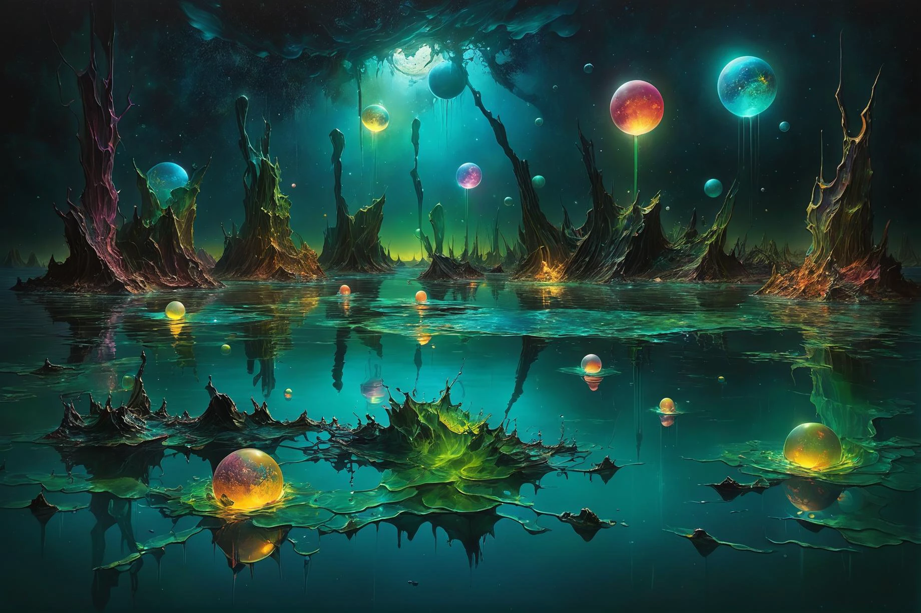 photorealistic, detailed digital illustration of a A bioluminescent lagoon, where the water's surface is adorned with floating, glowing orbs that emit an otherworldly glow beneath the moonlit se <lora:EnvyBrokenRealityXL01:1.1>, <lora:gorgoeus_splash_of_vibrant_paint:0.7> Gorgeous splash of vibrant paint, <lora:EnvyVividXL01-adamw:0.7>