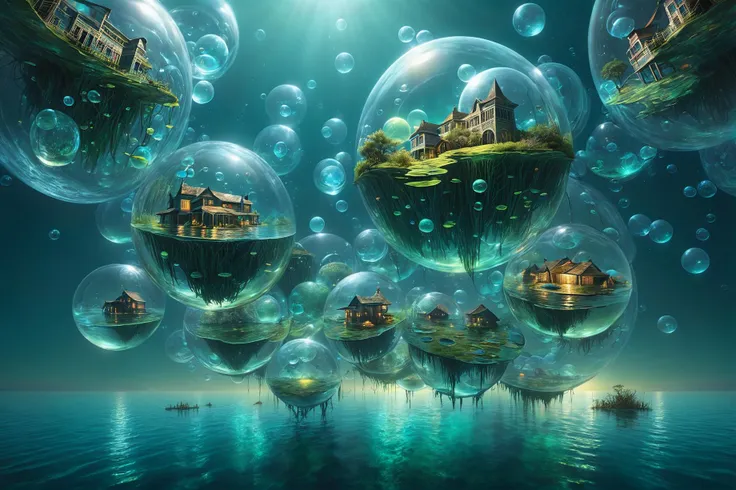 photorealistic, detailed digital illustration of a [A floating city suspended in massive, transparent bubbles, each encapsulating a unique ecosystem and connected by luminescent bridges that sway ith the ocean currents:A bioluminescent lagoon, where the water's surface is adorned with floating, glowing orbs that emit an otherworldly glow beneath the moonlit sea:0.5],  <lora:EnvyBrokenRealityXL01:1.1>, <lora:PE_NeonUV Style:0.7> PENeonUV