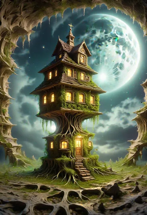 Ultra realistic, RTX, ray tracing, amazing quality, masterpiece, best quality, hyper detailed, ultra detailed, UHD, depth of field, Russian village house on pillars stands in the middle of a forest edge, night, the moon is shining brightly, tower