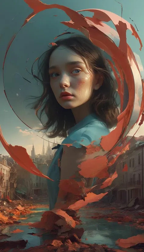 1girl,Digital art rendering of a contemplative figure, encircled by a swirl of mesmerizing, Agenerated photographs within a 'Broken Reality' theme. The photographs display a blend of surreal, fragmented scenes - urban skylines that twist into impossible shapes, natural landscapes that defy gravity, and ethereal spaces where time and space seem to warp. The scene is awash with a vibrant, otherworldly color palette, illuminated by dynamic, digital lighting that casts bizarre shadows and surreal glows. The style is a fusion of modern digital art and surrealism, echoing the visionary works of Beeple and Salvador Dali, characterized by crisp, high-definition detail, and a captivating, dream-like yet fragmented quality,(closeup:1.1)