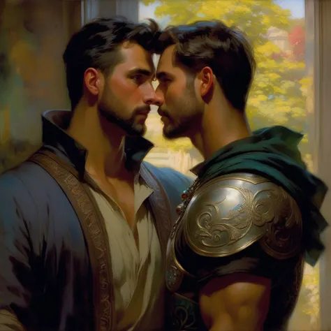 futuristic epic fantasy, science fiction, high-tech, legendary, dynamic, romantic, whimsical, magical, mythical.
a homoerotic, homoromantic, gay, loving, exciting, steamy, magnificent, amazing, sexy, dramatic masterpiece (by Daniel F Gerhartz|Gaston Bussiere|Maximilian Pirner:1.9) of R and M.
R is a short, dark-brown-skinned, muscular, iranian man with very short hair, and a perfect beard. He is shorter than M.
M is a tall, dark-tan-skinned, athletic, mexican protector with very short hair, and a short beard. He is taller than R.
M and R are both in their early 30s, extremely attractive, virile, powerful, masculine, hairy, strong, desirable, hunky, and manly. M and R are wearing clothing from the distant future resembling Robin Hood.
The setting is indoors, in a bedroom, late at night. M and R are hugging each other.
The overall mood is provocative, passionate, expressive, sensual, magical, and visceral, evocative of gay romance, gravitas, and love.
extremely detailed, romantic lighting, romantic mood, romantic atmospheric, shadowplay, vignette.