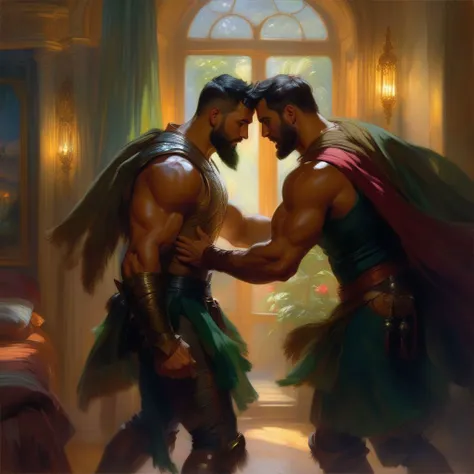 futuristic epic fantasy, science fiction, high-tech, legendary, whimsical, magical, mythical. action shot.
a homoerotic, homoromantic, gay, loving, exciting, steamy, magnificent, amazing, sexy, dramatic masterpiece (by Daniel F Gerhartz|Gaston Bussiere|Jeremy Mann|Maximilian Pirner:1.9) of A and B.
A is a short, dark-brown-skinned, muscular, iranian man with very short hair, and a perfect beard.
B is a tall, dark-tan-skinned, athletic, mexican protector with very short hair, and a short beard.
A and B are both in their early 30s, extremely attractive, virile, powerful, masculine, hairy, strong, desirable, and manly. A and B are wearing clothing from the distant future resembling Robin Hood.
The setting is indoors, in a bedroom. A and B are hugging one another.
The overall mood is provocative, passionate, expressive, sensual, magical, and visceral, evocative of gay romance, gravitas, and love.
extremely detailed, romantic lighting, romantic mood, romantic atmospheric, shadowplay, vignette.