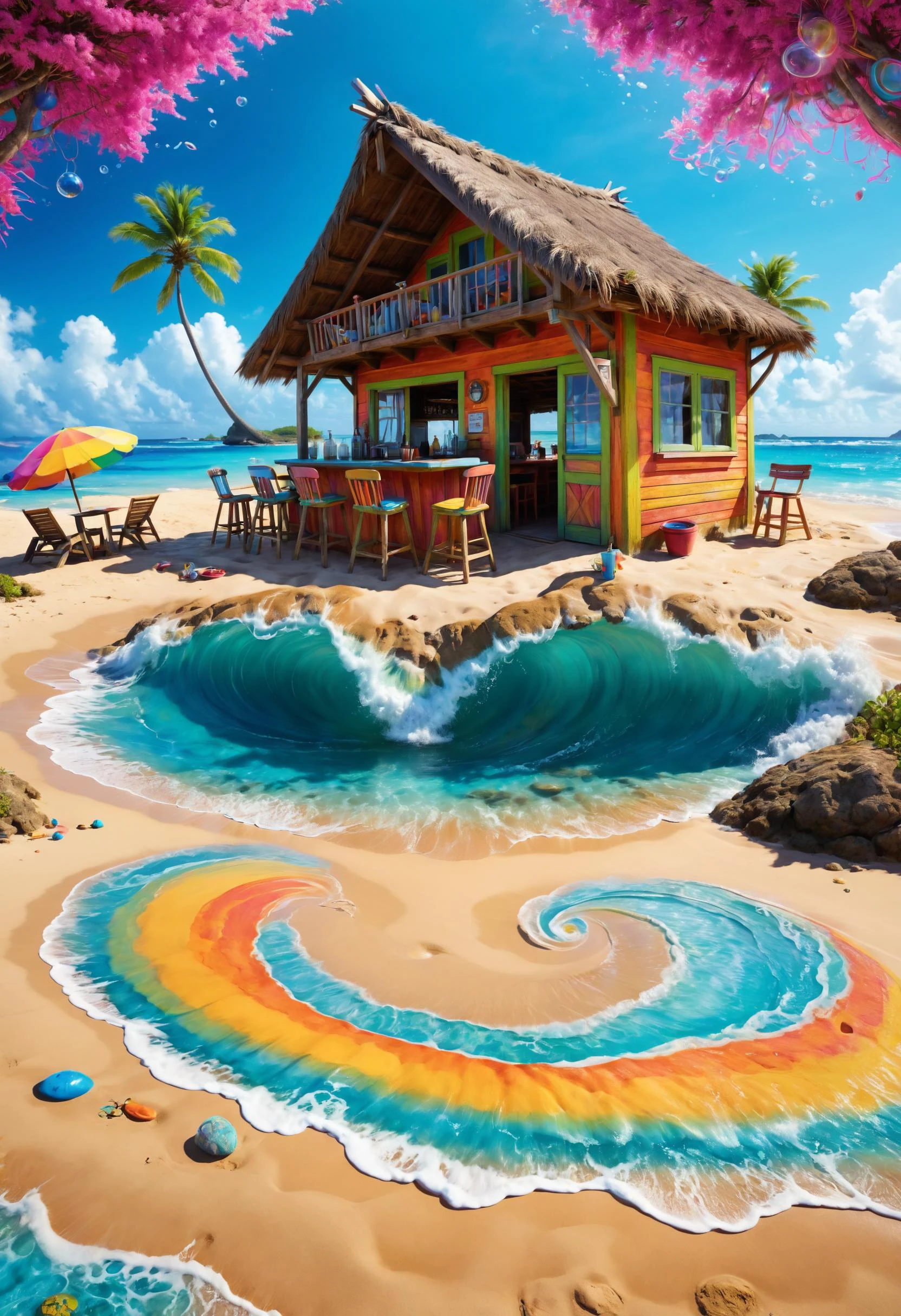 A Caribbean beach bar with a thatched roof, where the clinking of glasses harmonizes with the sound of waves, Astral projectionist exploring parallel dimensions in the foreground, <lora:gorgoeus_splash_of_vibrant_paint:0.7> Gorgeous splash of vibrant paint, <lora:Psychedelic:0.8> Psychedelic, <lora:EnvyBrokenRealityXL01:0.7>, <lora:xl_more_art-full_v1:0.4>