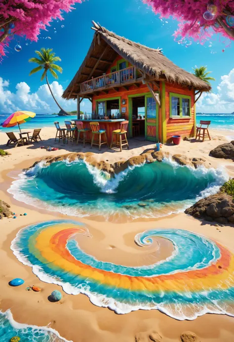 A Caribbean beach bar with a thatched roof, where the clinking of glasses harmonizes with the sound of waves, Astral projectionist exploring parallel dimensions in the foreground, <lora:gorgoeus_splash_of_vibrant_paint:0.7> Gorgeous splash of vibrant paint, <lora:Psychedelic:0.8> Psychedelic, <lora:EnvyBrokenRealityXL01:0.7>, <lora:xl_more_art-full_v1:0.4>