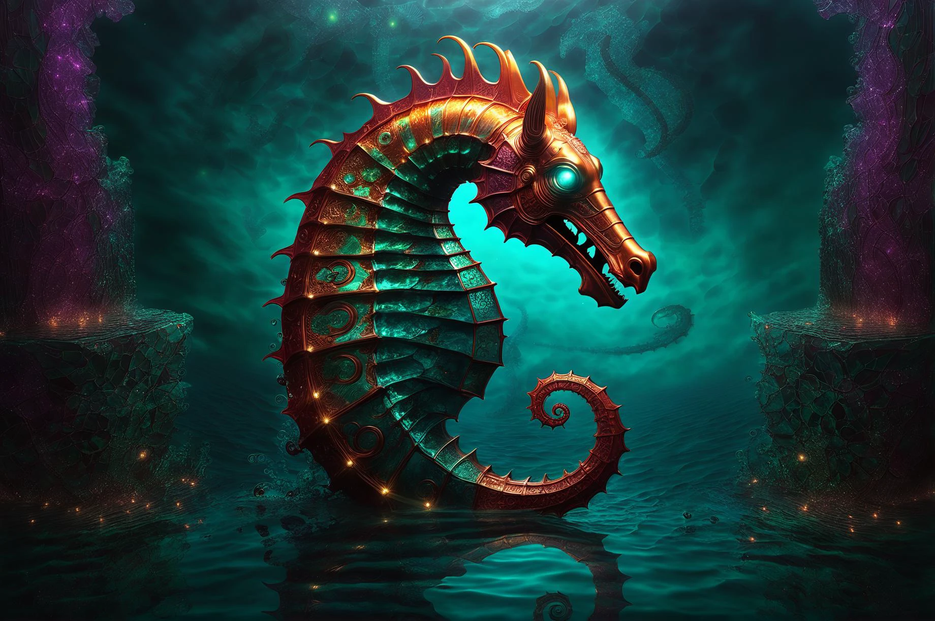 photorealistic, detailed digital illustration of a A colossal, mechanical seahorse guardian with intricate, glowing patterns etched into its metallic skin, standing sentinel at the entrance to an ancient, submerged temple, <lora:EnvyBrokenRealityXL01:1.1>, <lora:EnvyFeverDreamXL01a:0.7>