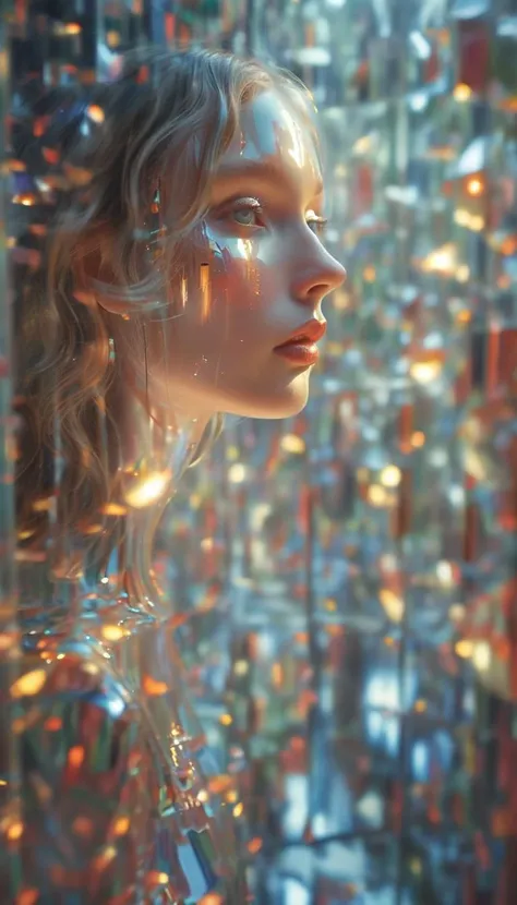 1girl,Beautiful woman in a Mirror World: Reflective, crystalline realm with endless mirrors, elegant woman with a graceful and serene demeanor, her image multiplied and fragmented in the mirror maze, soft and ambient lighting creating a mysterious allure, harmonious color palette with reflective surfaces casting subtle prismatic effects,(wind:1.2)