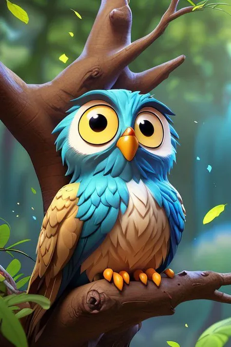 (best quality, hyper-realistic, 8K, ultra HD), (Pixar style, Disney style, Cinema 4D), Create a stunning 8K ultra HD illustration of a cute owl. Render in a hyper-realistic style, paying homage to both Pixar and Disney's iconic animation styles, using the power of Cinema 4D to capture every intricate detail of this charming character perched gracefully on a tree.