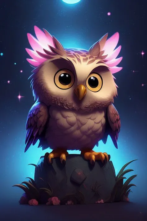 (best quality, hyper-realistic, 8K, ultra HD), (Pixar style, Disney style, Cinema 4D), Create a stunning 8K ultra HD illustration of a cute owl. Render in a hyper-realistic style, paying homage to both Pixar and Disney's iconic animation styles, using the power of Cinema 4D to capture every intricate detail of this charming character taking flight against a night background with a full moon.