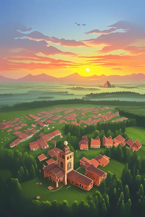 little village, bird's eye view, forest, church, sunrise,
