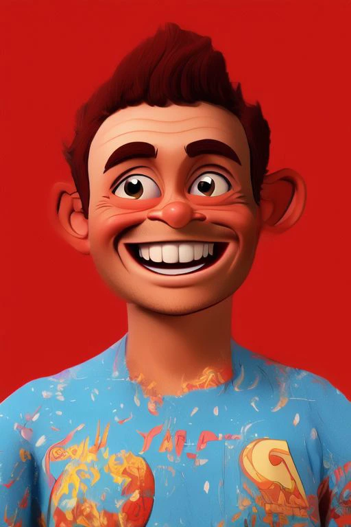 indonesia guy, close up, hyper real, disney pixar 3d animation character of a man, looking at viewer, red background, dark hair, simple background, smile