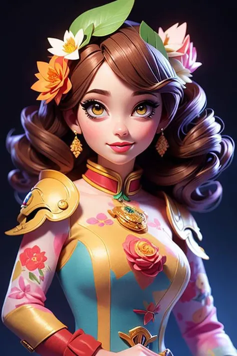 (best quality, realistic, high-resolution), colorful portrait of a woman with flawless anatomy. She is wearing a stunning flower dress that compliments her vibrant personality. Her skin is extremely detailed and realistic, with a natural and lifelike texture. The background is dark, which creates a striking contrast to the colorful flowers adorning her armor. The flowers on her armor represent her strength and beauty. The lighting accentuates the contours of her face, adding depth and dimension to the portrait. The overall composition is masterfully done, showcasing the intricate details and achieving a high level of realism., Realistic