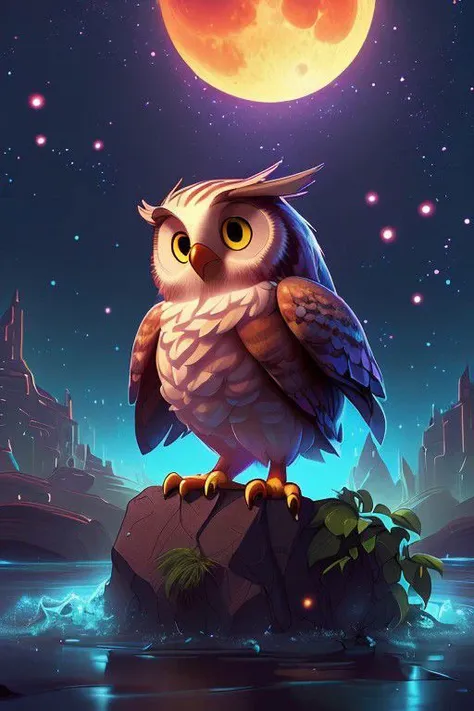 (best quality, hyper-realistic, 8K, ultra HD), (Pixar style, Disney style, Cinema 4D), Create a stunning 8K ultra HD illustration of a cute owl. Render in a hyper-realistic style, paying homage to both Pixar and Disney's iconic animation styles, using the power of Cinema 4D to capture every intricate detail of this charming character flying above a river, with a <fish in its claws:1.2>, against a night background with a full moon.