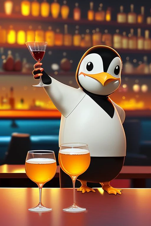 drunk penguin at a bar, highly detailed, sunset, several glasses,