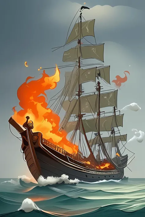 pirate ship at sea, sea battle, canons, smoke, fire, sails, angry pirates
