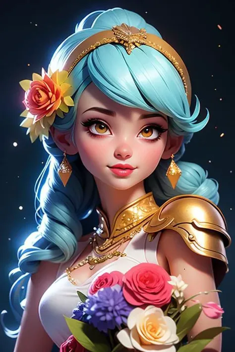 (best quality, realistic, high-resolution), colorful portrait of a woman with flawless anatomy. She is wearing a stunning flower dress that compliments her vibrant personality. Her skin is extremely detailed and realistic, with a natural and lifelike texture. The background is dark, which creates a striking contrast to the colorful flowers adorning her armor. The flowers on her armor represent her strength and beauty. The lighting accentuates the contours of her face, adding depth and dimension to the portrait. The overall composition is masterfully done, showcasing the intricate details and achieving a high level of realism., Realistic