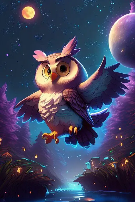 (best quality, hyper-realistic, 8K, ultra HD), (Pixar style, Disney style, Cinema 4D), Create a stunning 8K ultra HD illustration of a cute owl. Render in a hyper-realistic style, paying homage to both Pixar and Disney's iconic animation styles, using the power of Cinema 4D to capture every intricate detail of this charming character flying above a river against a night background with a full moon.