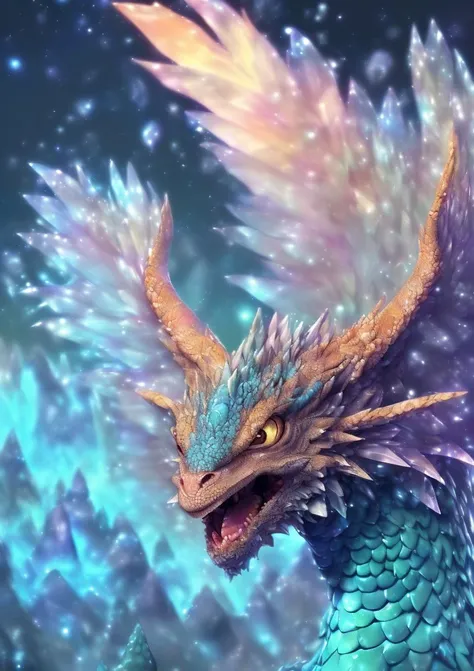 ((Extreme Close Up of Enormous Fierce Scifi Moody Appendage-rich, Feathered Appendages, nine-Tailed, Short-Tailed, Crystalized Skin, Elongated Ears, Dragon Wings,)) (that's feel relieved) , ((look away from the camera)), winter as background,