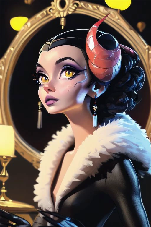 close-up,
[sunafukitabito:sam yang:0.4],
masterpiece, best quality,
edea, hair ornament, earrings, cape, black dress, feather trim, plunging neckline, long sleeves, elbow gloves, makeup, lipstick, 
indoors, upper body, looking at viewer, indoors, dark room, black background, arms at sides, close-up