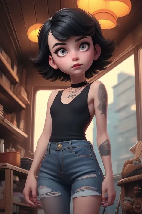 (masterpiece, best quality, absurdres, 4k, aesthetic, detailed, intricate), pale skin, black hair, short hair, shaggy hair, freckles, heavily tattooed, smoking, cigarette, trailer park, tomboy, petite, black nails, fishnet tights, wife beater, choker, torn black jeans, backseat of truck, detailed face