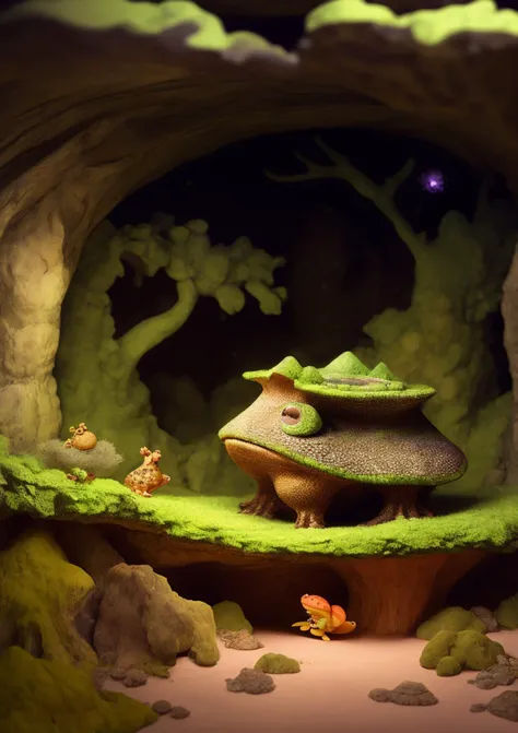 A ((Establishing Shot of Oak Toad)), cave as background,