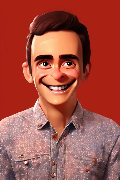 indonesia guy, close up, hyper real, disney pixar 3d animation character of a man, looking at viewer, red background, dark hair, simple background, smile