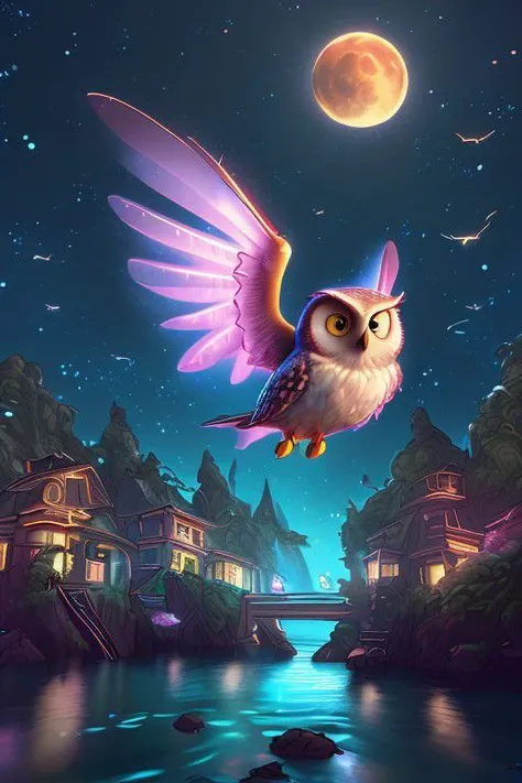 (best quality, hyper-realistic, 8K, ultra HD), (Pixar style, Disney style, Cinema 4D), Create a stunning 8K ultra HD illustration of a cute owl. Render in a hyper-realistic style, paying homage to both Pixar and Disney's iconic animation styles, using the power of Cinema 4D to capture every intricate detail of this charming character flying above a river with a fish in its claws, against a night background with a full moon.