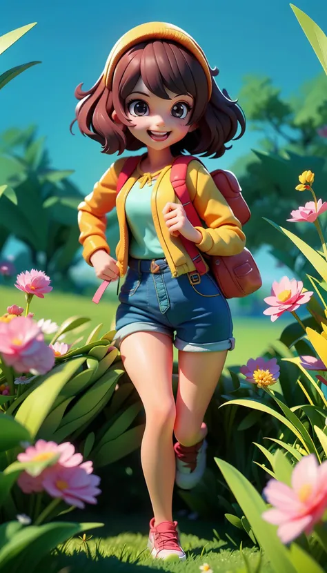 (playful, cartoon, girl,black short hair,black eyes,outdoor, 3d rendering),(backpack:1.5),(from_below:1.5),(full_shot:1.4),yellow trench_coat,blue hot_pants,(slender:1.8),(slender_waist:1.2),glamor,(running:1.5),(best quality, 4k, 8k, highres, masterpiece:1.3),motion_blur,ultra-detailed,available light,(realistic, photorealistic, photo-realistic:1),vibrant atmosphere,joyful expression,dynamic pose,playful interaction,sunny day,in a meadow,lush greenery,(flowers:0.2),creative outfit,professional 3D rendering,imaginative scenery,charming environment,captivating background,expressive eyes,cheerful smile,soft lighting,in spring,looking_at_viewer,<lora:blindbox_v1_mix:1.2>,landscape,