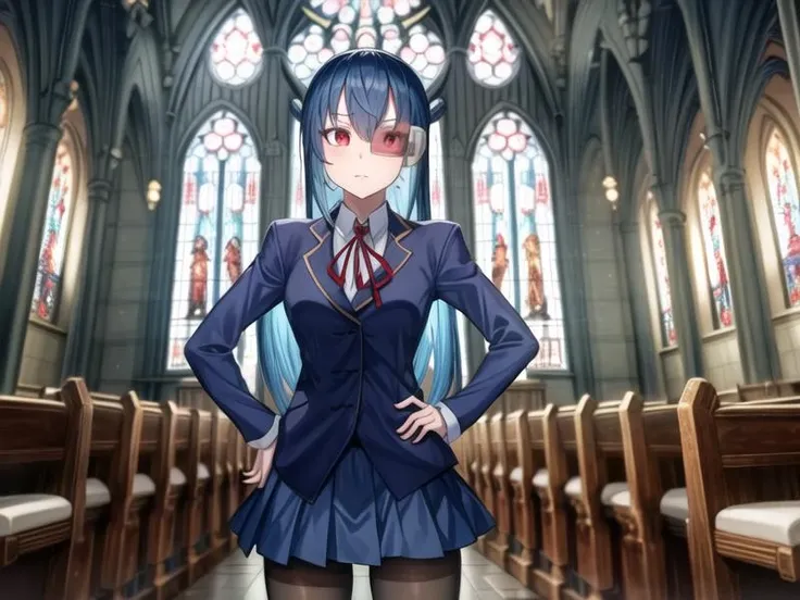 1girl, <lora:indoors_or_outdoors_last:-1> <lyco:saturation:-0>BREAK
expressions, BREAK
<lora:DM-alice_v3:0.8>DM-alice,blue hair, long hair, straight hair,red eyes, miniskirt,blue pantyhose, scouter,
BREAK, <lora:flatBG:-0.6> ,<lora:flat2:-0.6>,(dark light:1.2),(hyper extreme detailed),(masterpeace:0.5),(hyper extreme),(photorealistic),game cg,llustration,novel illustration,beautiful lighting,light from the front,, <lora:GoodHands-beta2:1.2>(good hand,nice hands, perfect hands:1), standing,hand on hip,, (Cathedral,church:1.2),