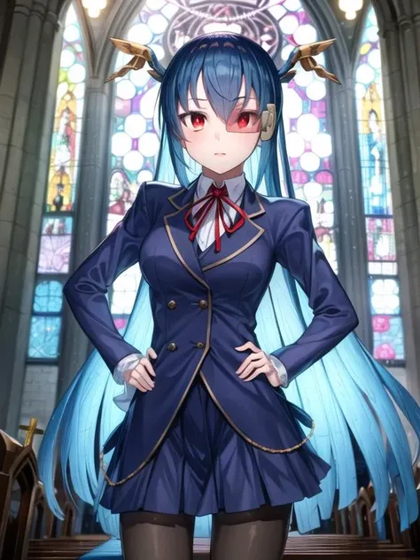 1girl, <lora:indoors_or_outdoors_last:-1> <lyco:saturation:-0>BREAK
expressions, BREAK
<lora:DM-alice_v3:0.8>DM-alice,blue hair, long hair, straight hair,red eyes, miniskirt,blue pantyhose, scouter, 
BREAK, <lora:flatBG:-0.6> ,<lora:flat2:-0.6>,(dark light:1.2),(hyper extreme detailed),(masterpeace:0.5),(hyper extreme),(photorealistic),game cg,llustration,novel illustration,beautiful lighting,light from the front,, <lora:GoodHands-beta2:1.2>(good hand,nice hands, perfect hands:1), standing,hand on hip,, (Cathedral,church:1.2),