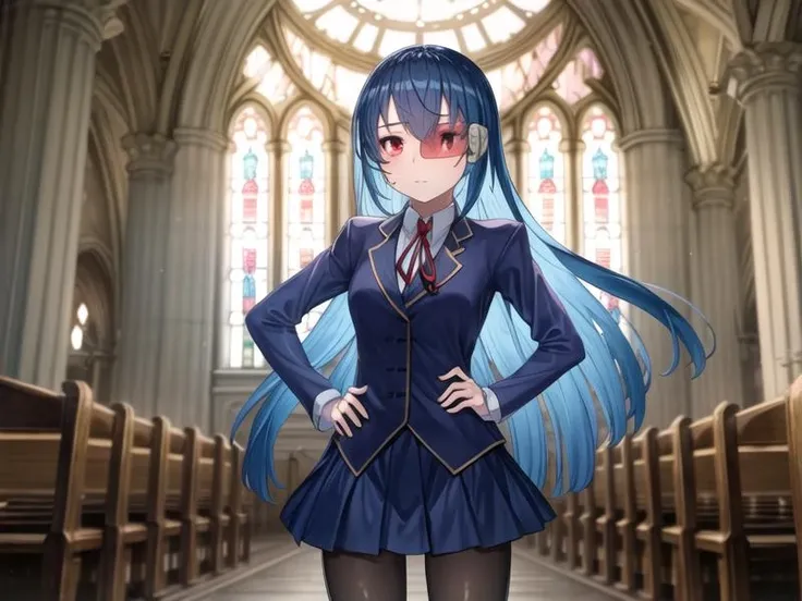1girl, <lora:indoors_or_outdoors_last:-1> <lyco:saturation:-0>BREAK
expressions, BREAK
<lora:DM-alice_v3:0.8>DM-alice,blue hair, long hair, straight hair,red eyes, miniskirt,blue pantyhose, scouter,
BREAK, <lora:flatBG:-0.6> ,<lora:flat2:-0.6>,(dark light:1.2),(hyper extreme detailed),(masterpeace:0.5),(hyper extreme),(photorealistic),game cg,llustration,novel illustration,beautiful lighting,light from the front,, <lora:GoodHands-beta2:1.2>(good hand,nice hands, perfect hands:1), standing,hand on hip,, (Cathedral,church:1.2),