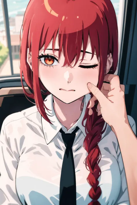 masterpiece, best quality,1girl, <lora:MakimaTestV1:0.6>,makima \(chainsaw man\),red hair, long braided hair, golden eyes, bangs, medium breasts, white shirt, necktie,<lora:cheekpinching-12:1.2>,cheekpinching,cheek pinching, holding,upper body,one eye closed,looking at viewer,pov,