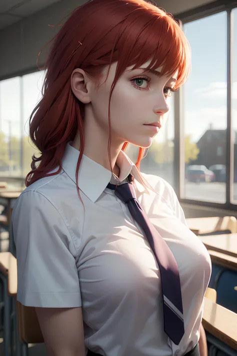 makima \(chainsaw man\), 1girl, red hair, (detailed face:1.3), (school uniform:1.3), tie, closed mouth, medium breasts, ultra realistic, best quality, masterpiece, 8k wallpaper, Amazing, finely detail, light on face, side view, looking at viewer