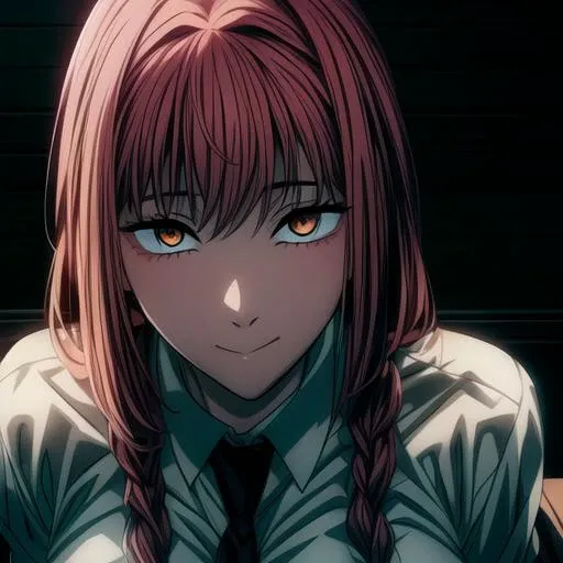 (((masterpiece))),best quality, hyper detailed, Cinematic light, intricate_detail, highres, official art, finely detailed beautiful eyes, high resolution illustration, 8k,1girl, dynamic pose,cinematic lighting, dynamic angle, intricate details,light particles,reflective hair, looking at you,textured hair, <lora:more_details:1> ,<lora:easynegative:0.8>, full body,makima \(chainsaw man\),red hair, long braided hair, golden eyes, bangs, medium breasts, white shirt,necktie <lora:MakimaTestV1:1.2>
