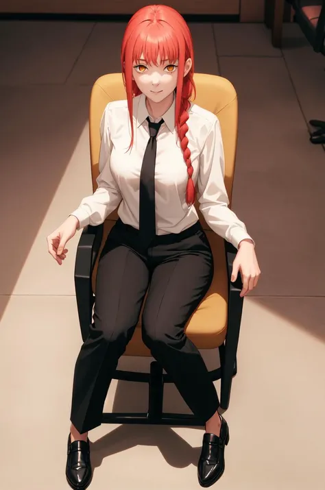1girl, full body, black trousers, sitting on chair, office, unbuttoning shirt <lora:MakimaTestV1:0.75> makima \(chainsaw man\), red hair, long braided hair, golden eyes, bangs, medium breasts, white shirt, necktie,