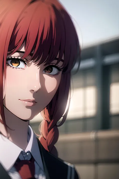 makima \(chainsaw man\), 1girl, red hair, (detailed face:1.3), (school uniform:1.3), tie, long braided hair, closed mouth, medium breasts, ultra realistic, best quality, masterpiece, 8k wallpaper, Amazing, finely detail, light on face, side view, looking at viewer