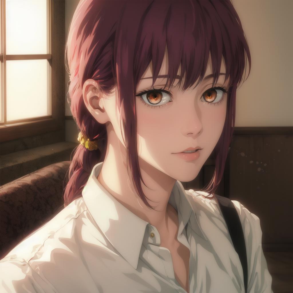 Anime girl with red hair and a white shirt looking at the camera ...